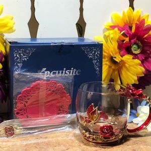New Kpcuistic Red Rose & Butterfly Tea/Coffee Mug W/Silver Spoon & Coaster